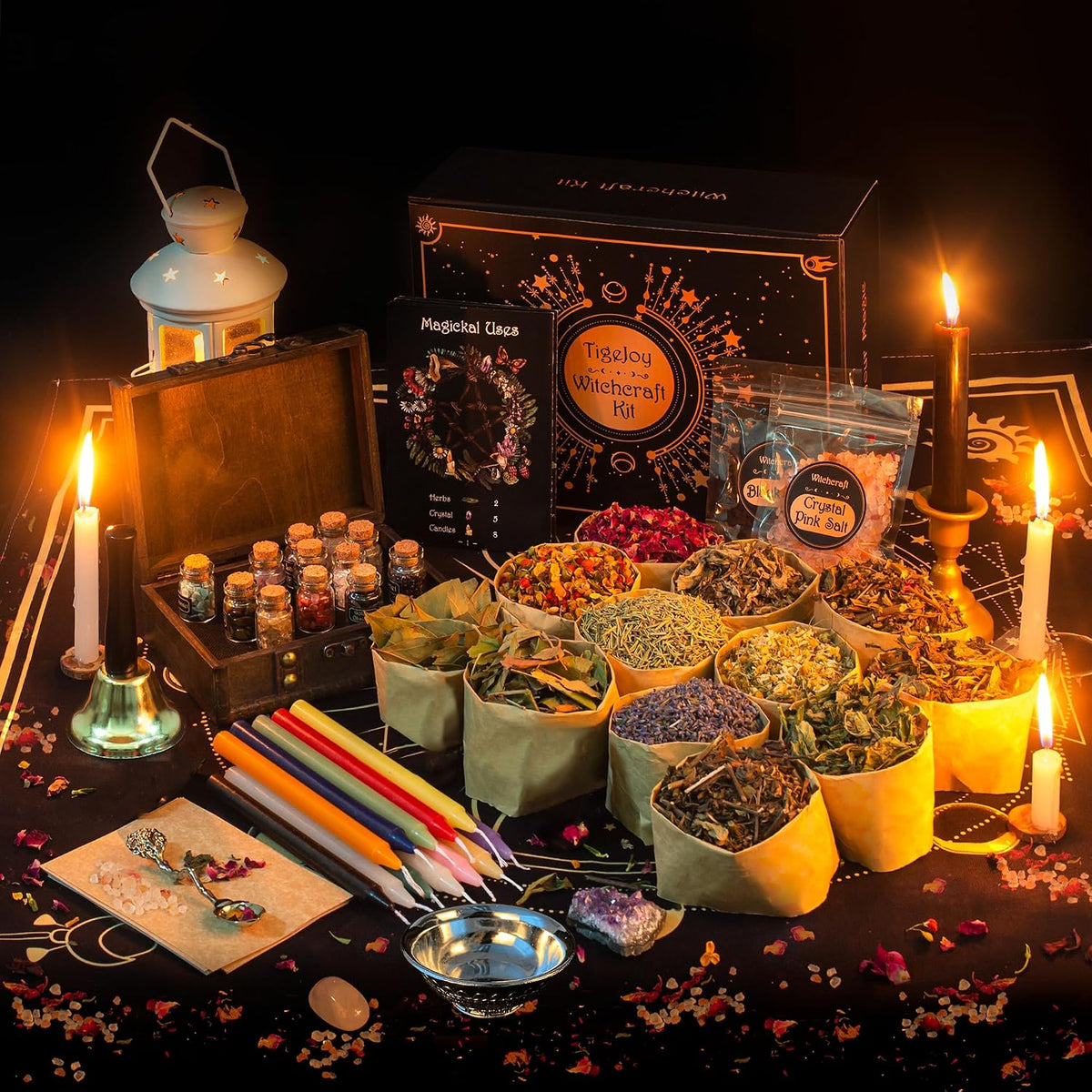 Wiccan Spell Kit with Herbs, Crystals, Candles and Altar Bowl, 60 Pieces