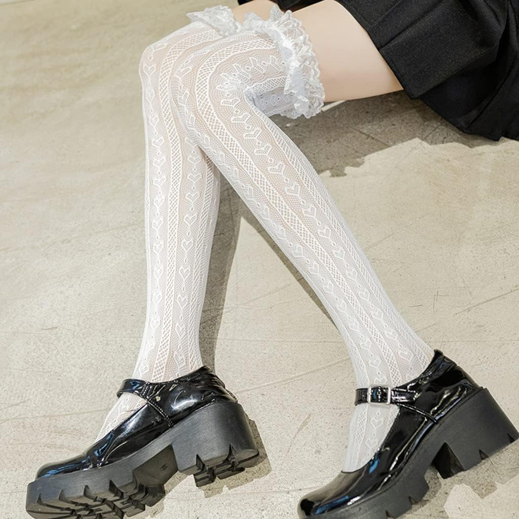 Heart Striped Lace Thigh High Stockings, 2 Pair