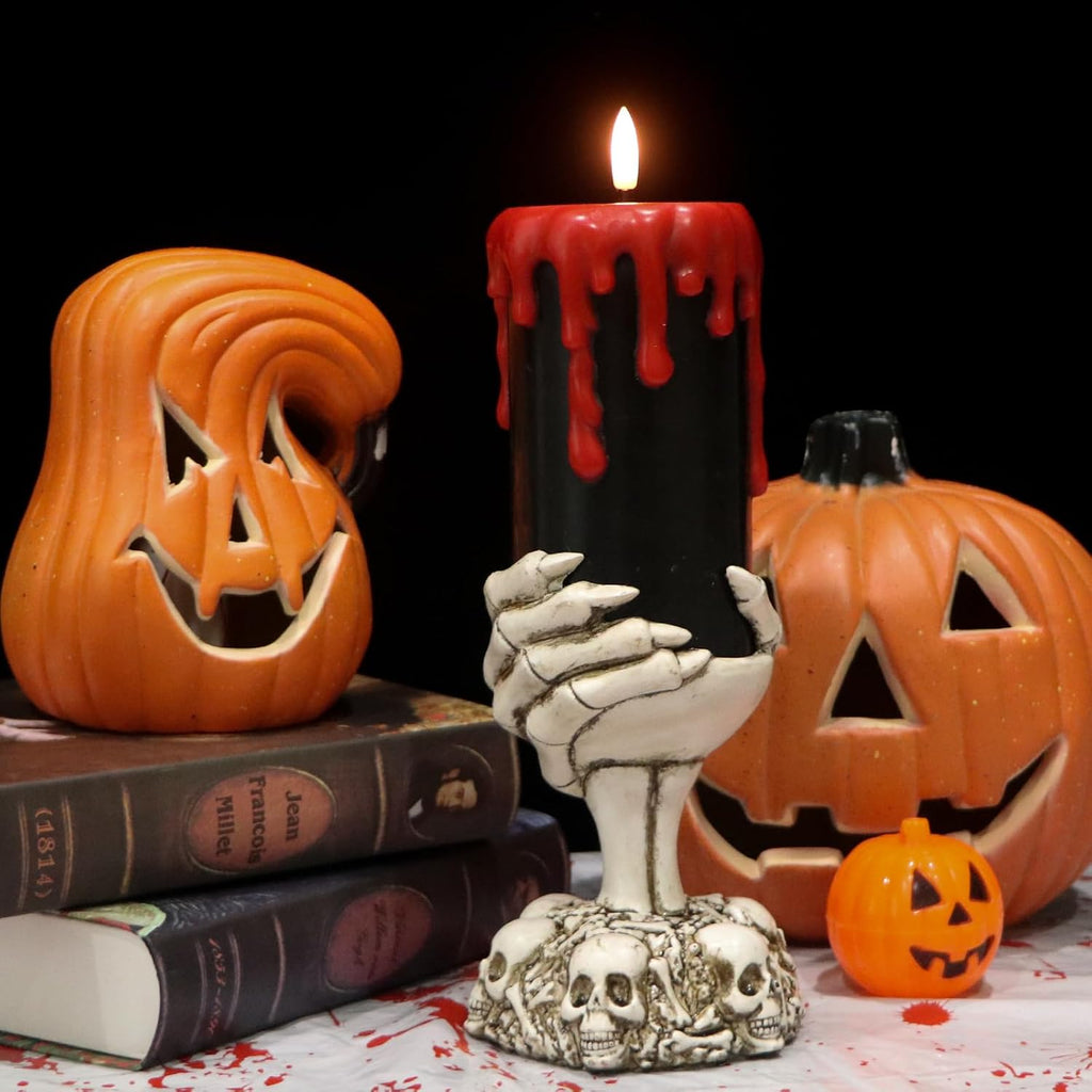 Black Flameless Candle with Skeleton Hand Holder