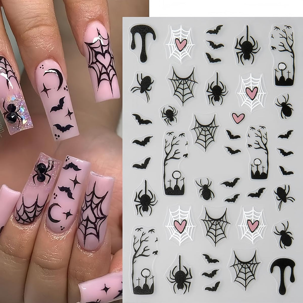 Gothic Spider Web and Bat 3D Nail Stickers, 8 Sheets