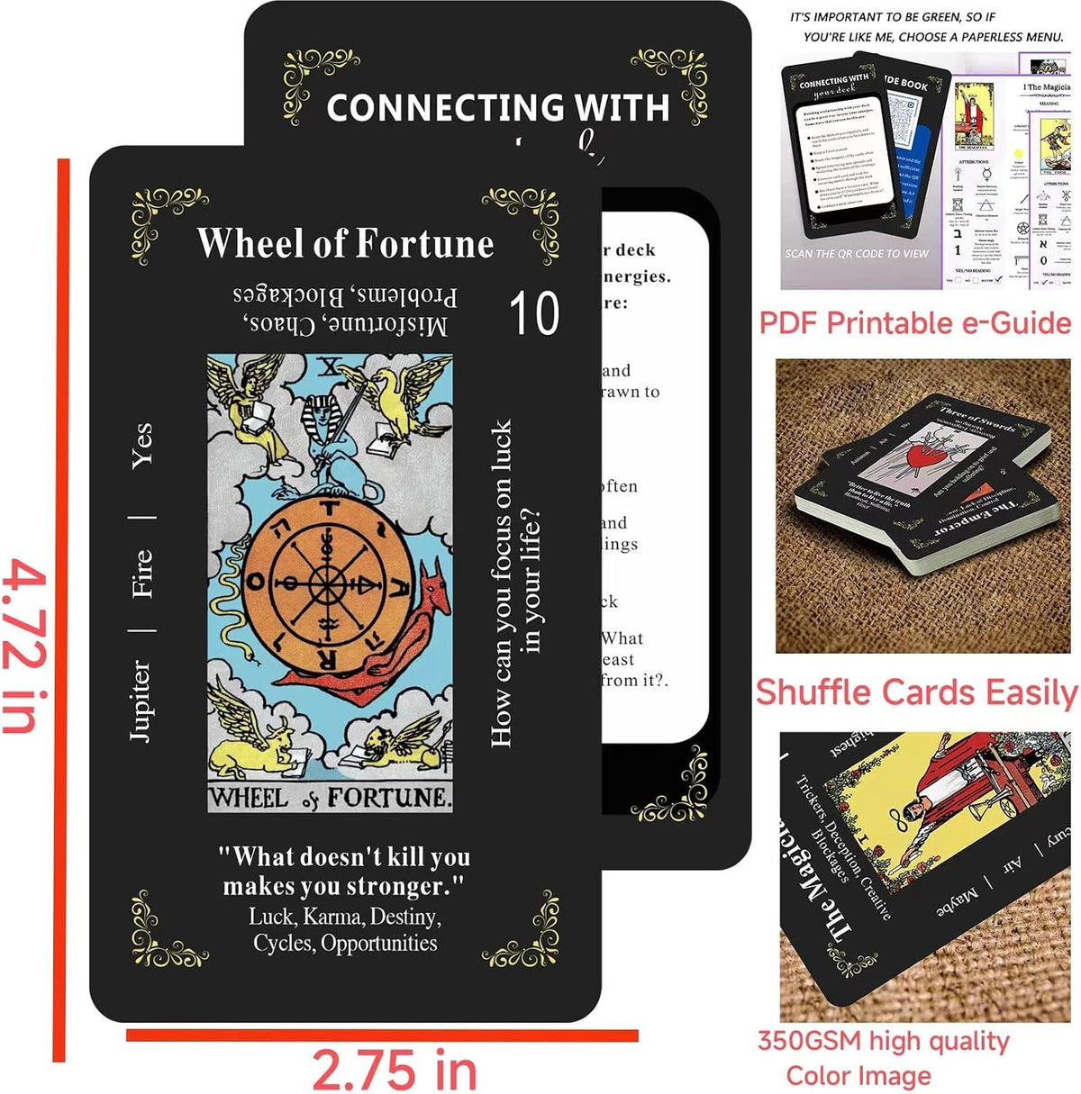 Classic Black Tarot Deck - 78 Cards with Meanings Printed on Them