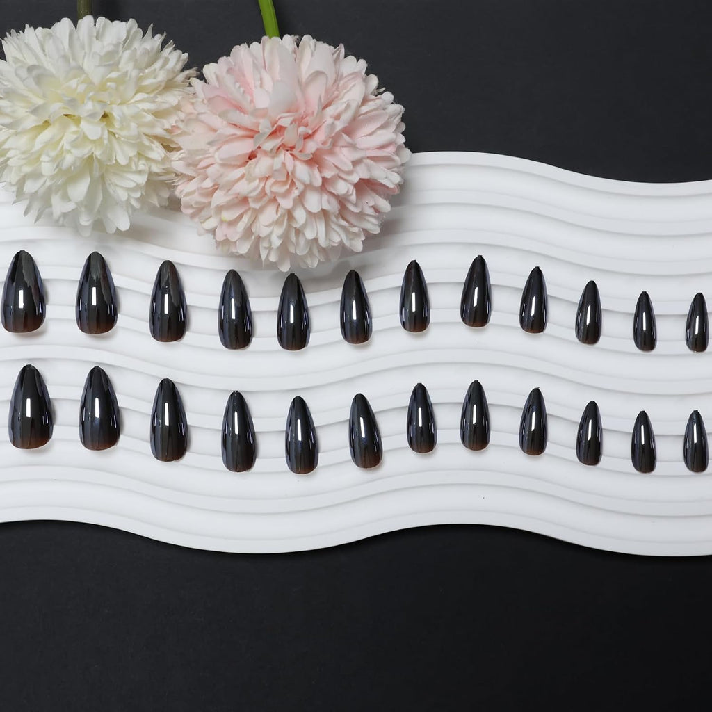 Black Chrome Press-On Nails - Almond, 24 Piece