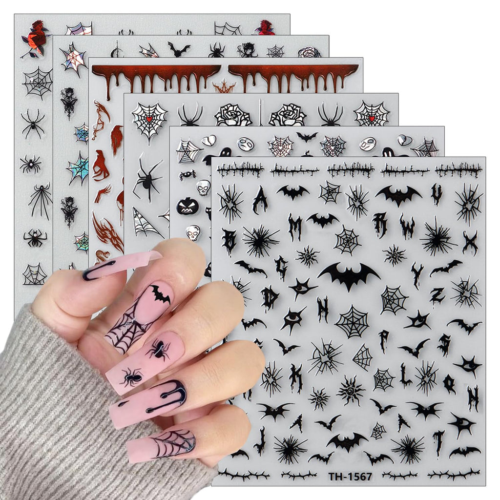 Horror Goth Nail Decals: Bats, Roses, Spider Webs and Skulls, 6 Sheets