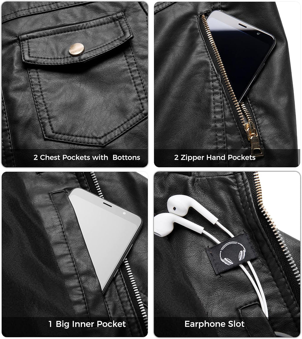 Women'S Faux Leather Moto Jacket with Removable Hood