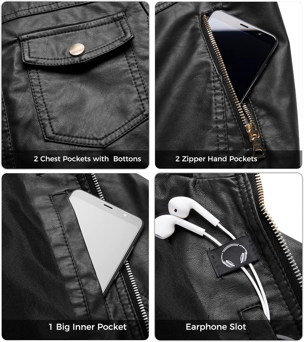 Women'S Faux Leather Moto Jacket with Removable Hood