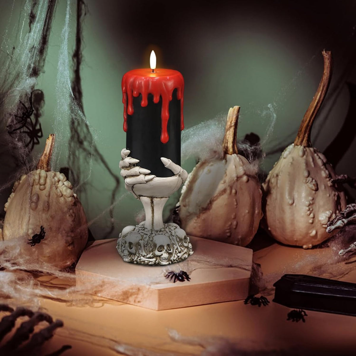 Black Flameless Candle with Skeleton Hand Holder