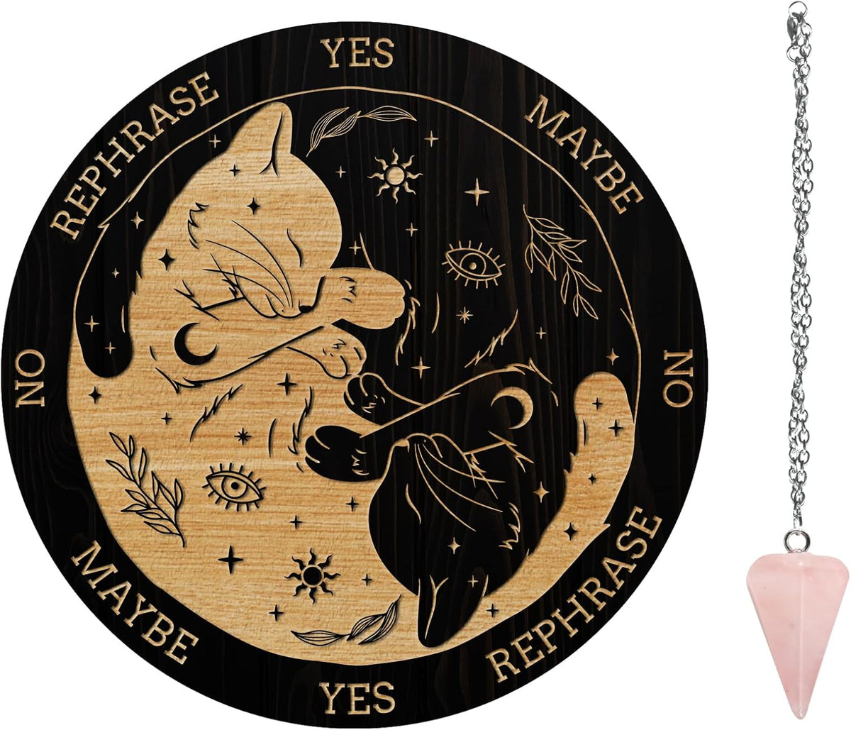 Cat, Sun & Moon Pendulum Board with Rose Quartz Pendulum