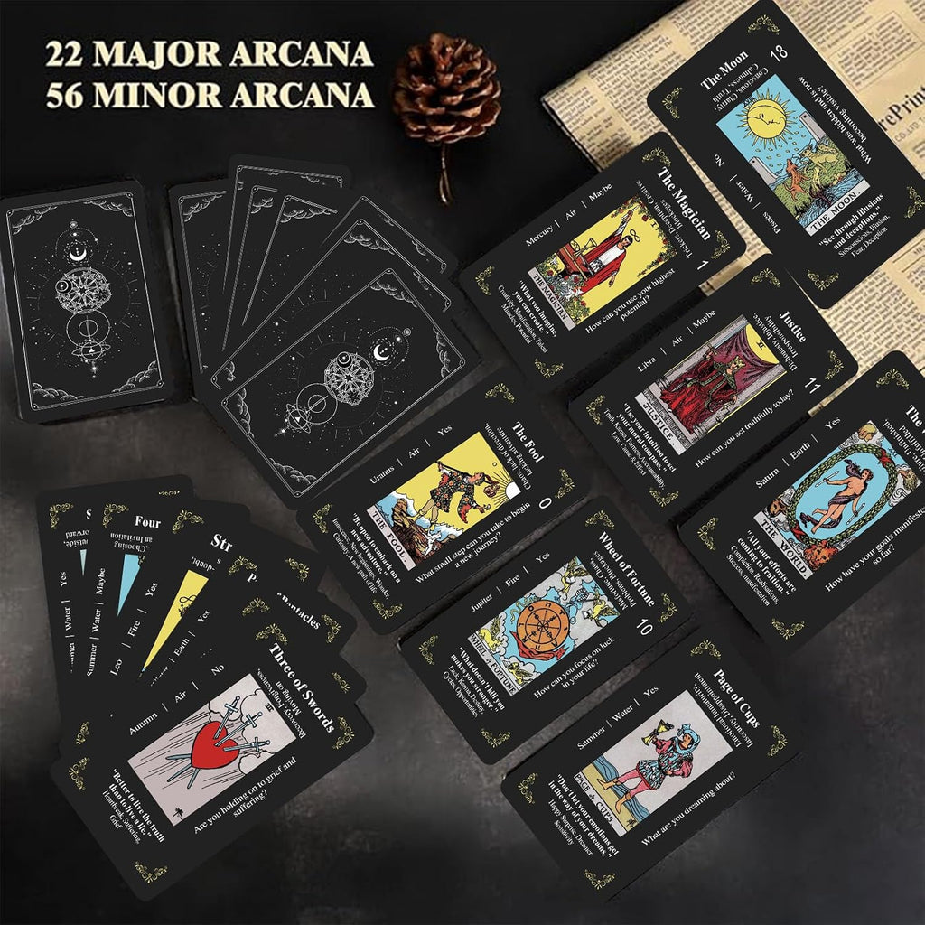 Classic Black Tarot Deck - 78 Cards with Meanings Printed on Them