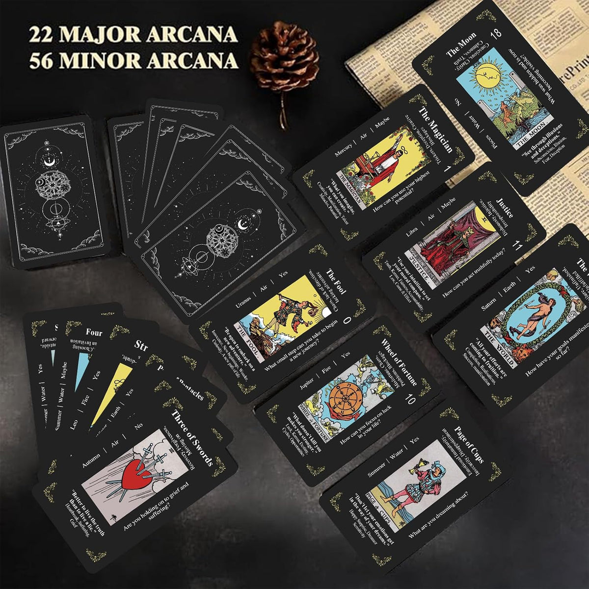 Classic Black Tarot Deck - 78 Cards with Meanings Printed on Them