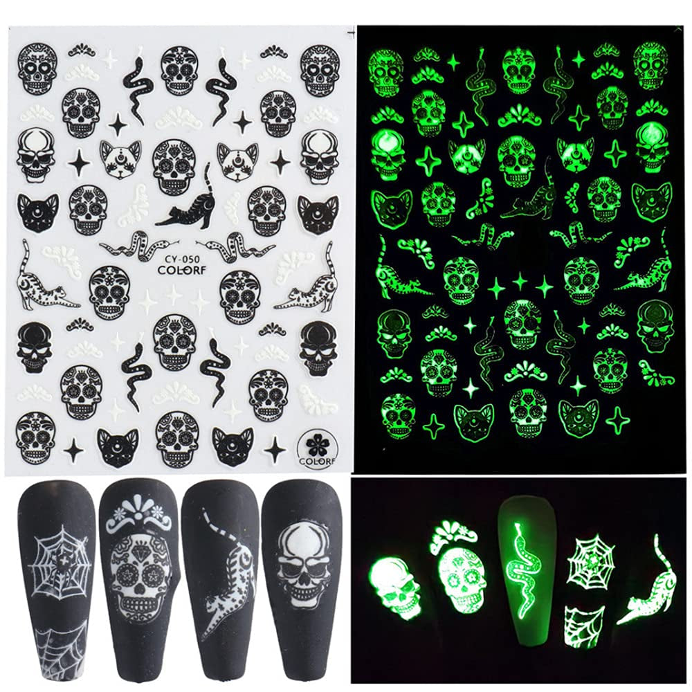 Luminous 3D Skull and Bat Nail Stickers, 6 Sheets