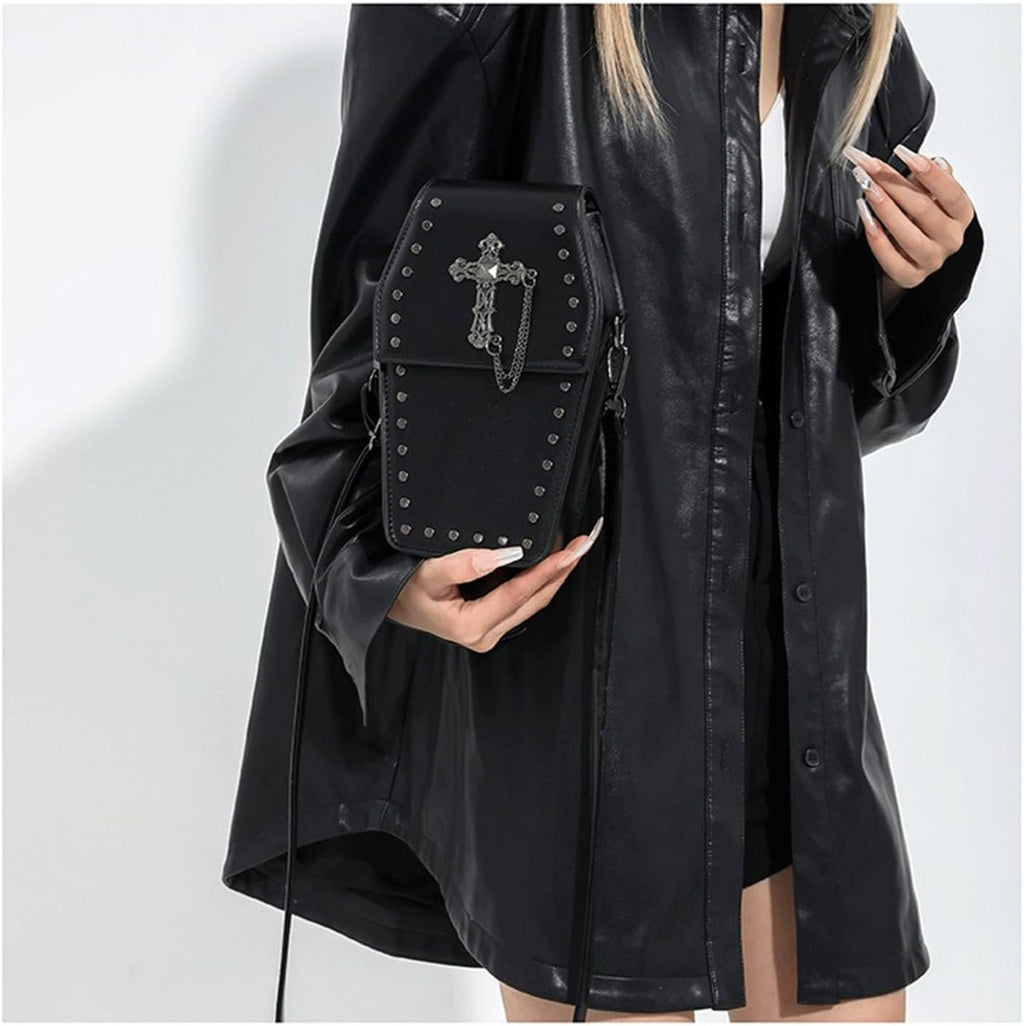 Coffin Crossbody Purse - Black, Cross Print