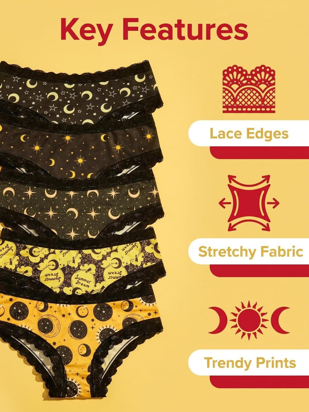 Halloween Briefs for Women, 5 Pack Lace Trim Hipster Underwear, Spooky Prints, Soft Breathable, S-XXL