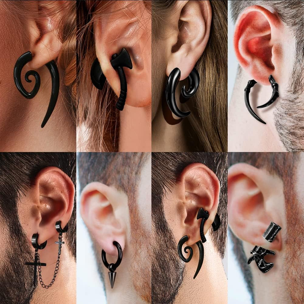 Black Punk Dangle Earrings - 16 Pair Stainless Steel Set