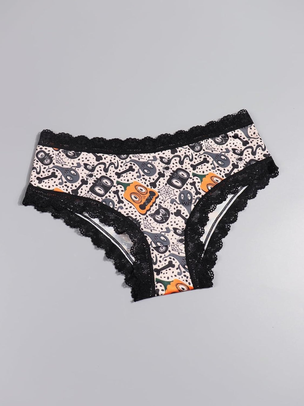 Women'S Gothic Halloween Hipster Panties, Black Lace Trim, 10 Pack Spooky Pattern Collection with Bats, Skulls