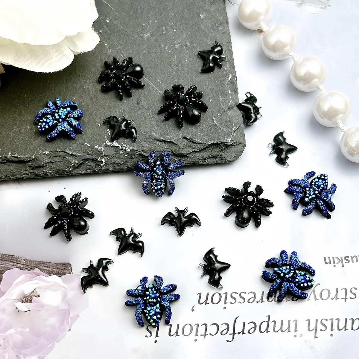 120 Piece Black Bat and Spider Resin Nail Charms