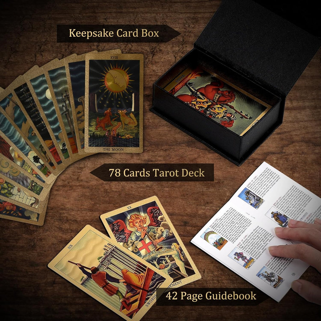 Gold Foil Tarot Deck - Rider-Waite Style, 78 PVC Cards with Guidebook