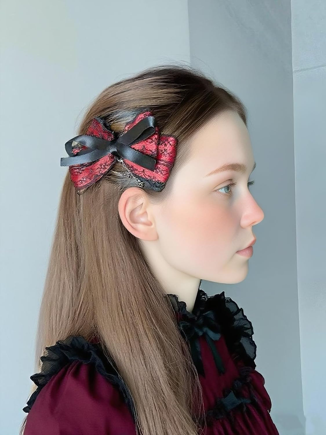 Gothic Black Lace and Red Bow Hair Clips with Cross, 2 Piece