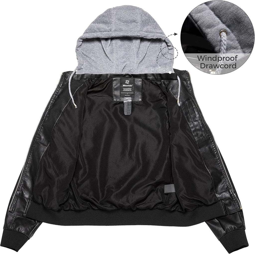 Women'S Faux Leather Moto Jacket with Removable Hood