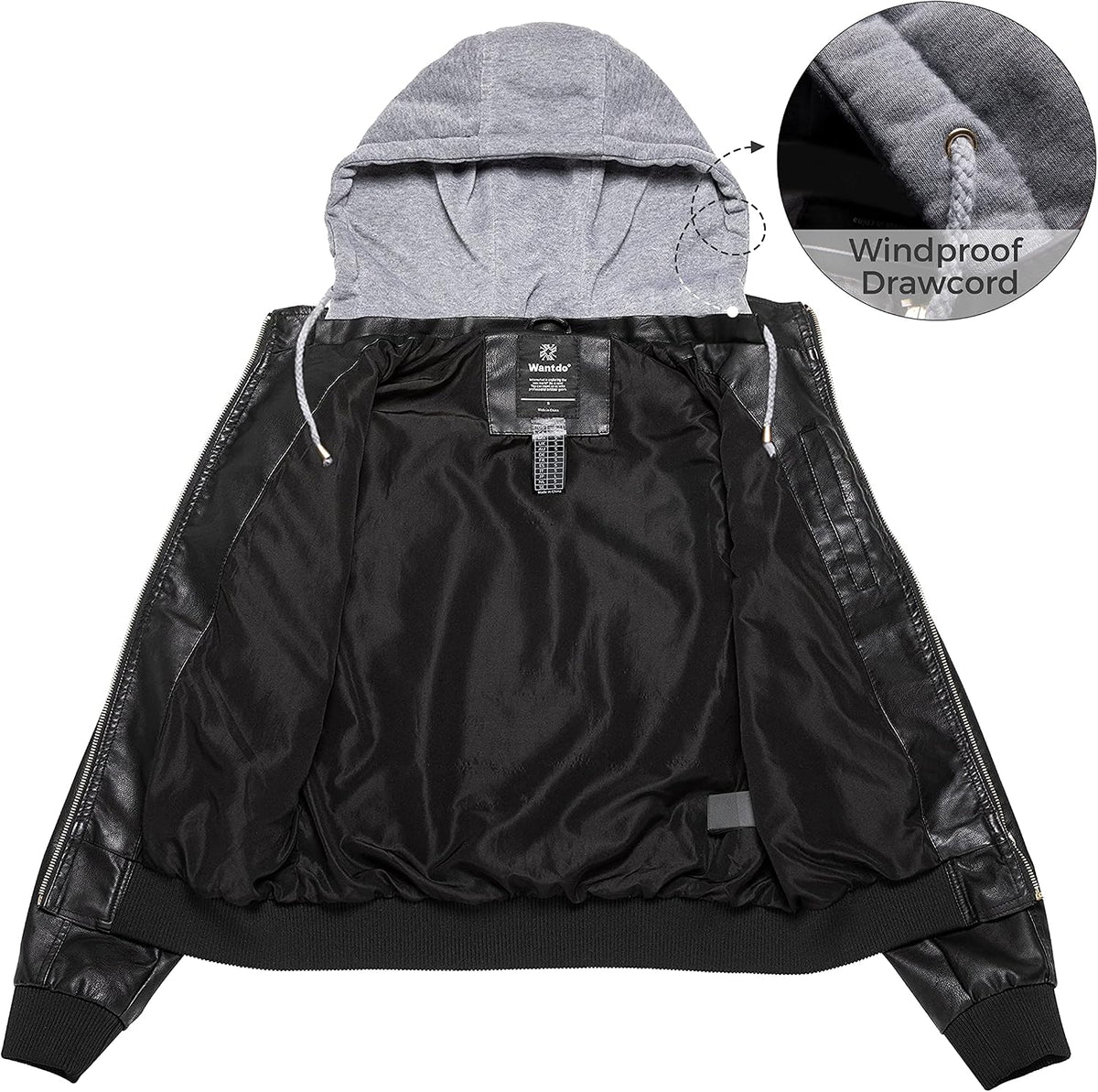 Women'S Faux Leather Moto Jacket with Removable Hood