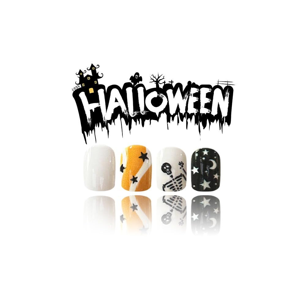 Skull and Stars Press-On Nails, Black and Orange