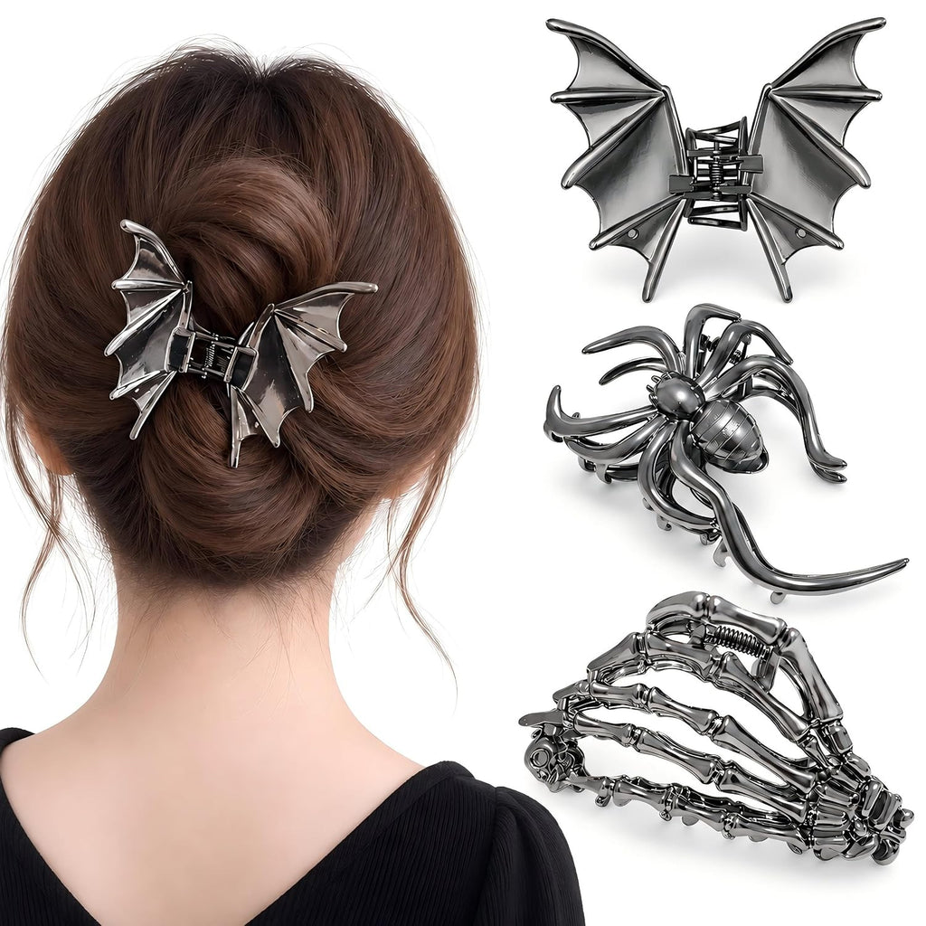 Gothic Metal Claw Clips - Bat, Spider & Skeleton Hand, 3 Pack