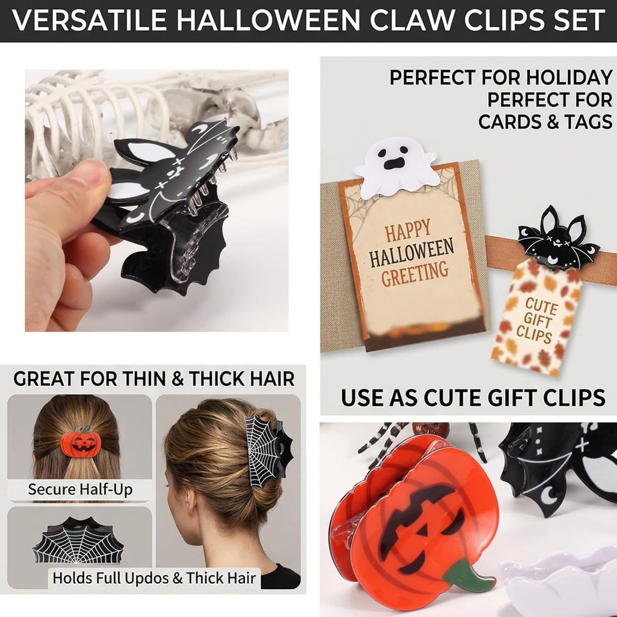 Bat and Spider Web Hair Claw Clips, 4 Piece