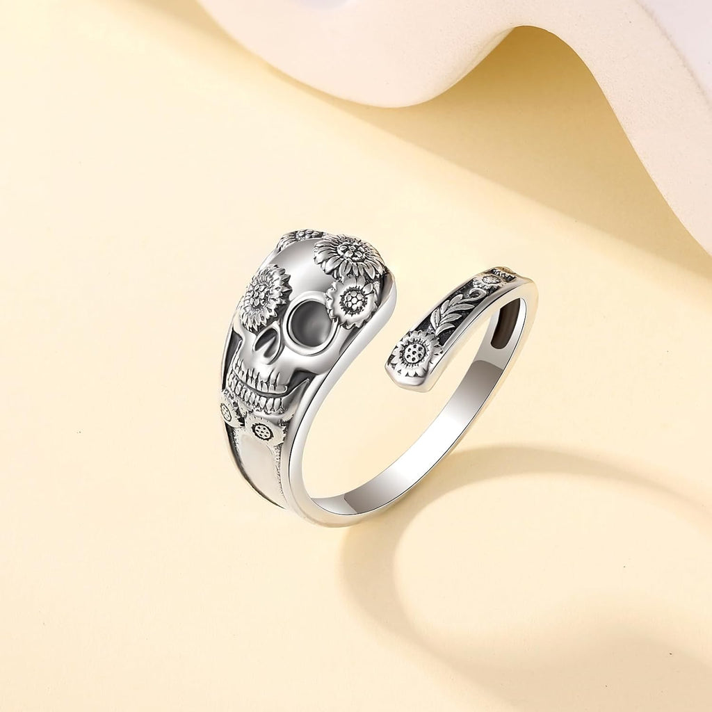 Sterling Silver Gothic Skull Spoon Ring