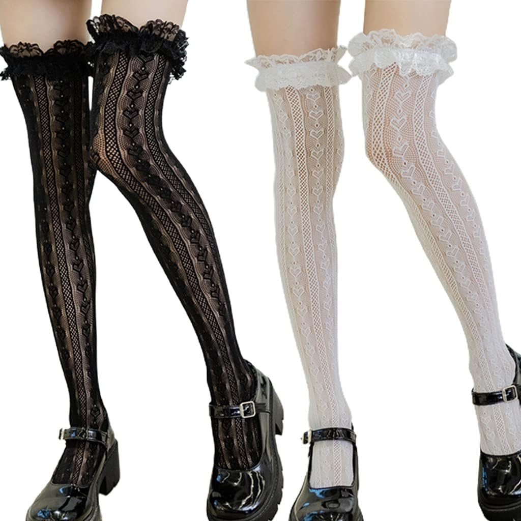 Heart Striped Lace Thigh High Stockings, 2 Pair