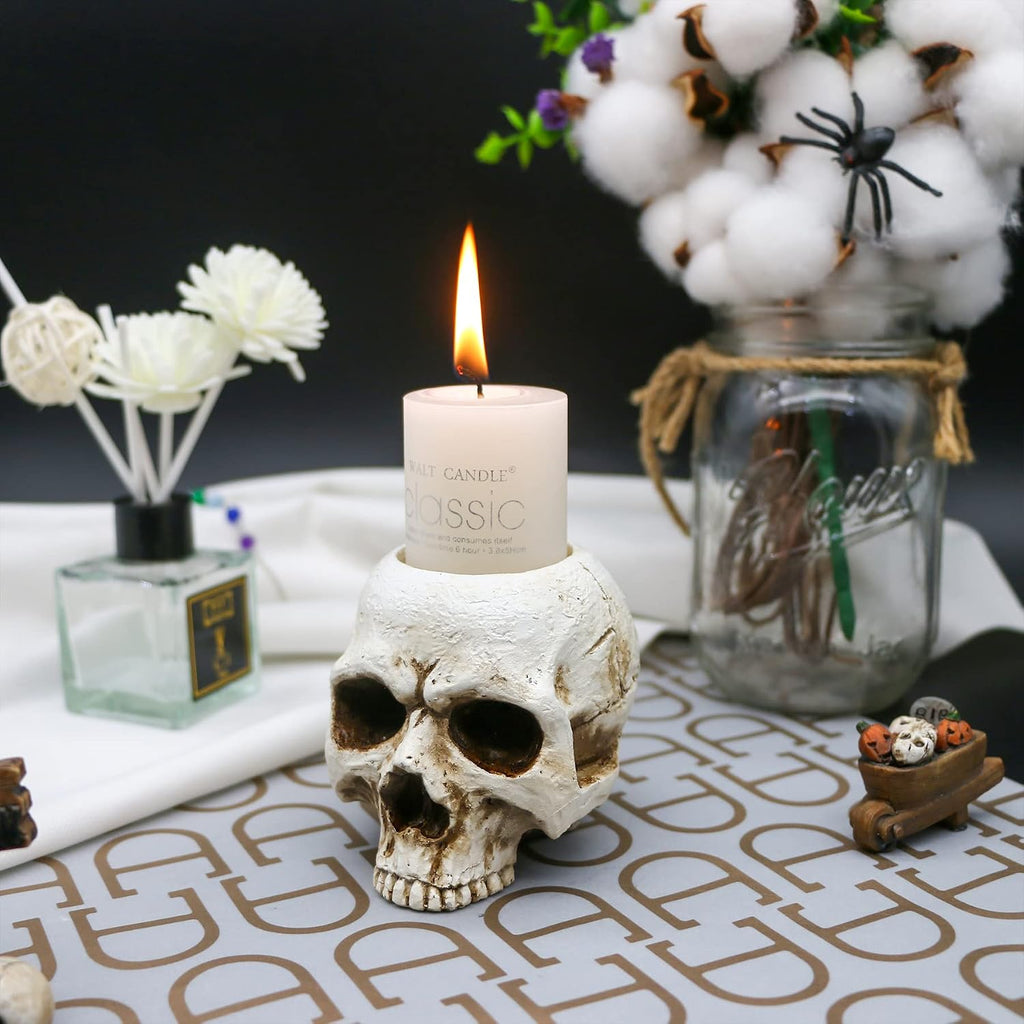 Skull Tealight Candle Holder - Antique White Resin