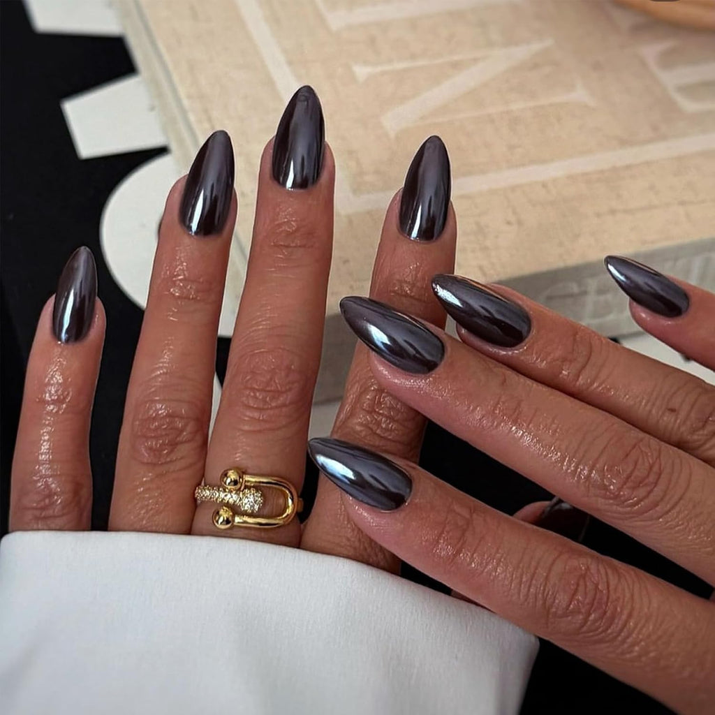 Black Chrome Press-On Nails - Almond, 24 Piece