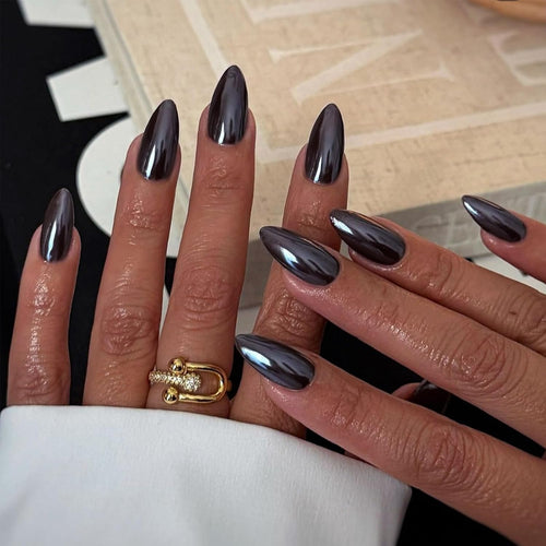 Black Chrome Press-On Nails - Almond, 24 Piece