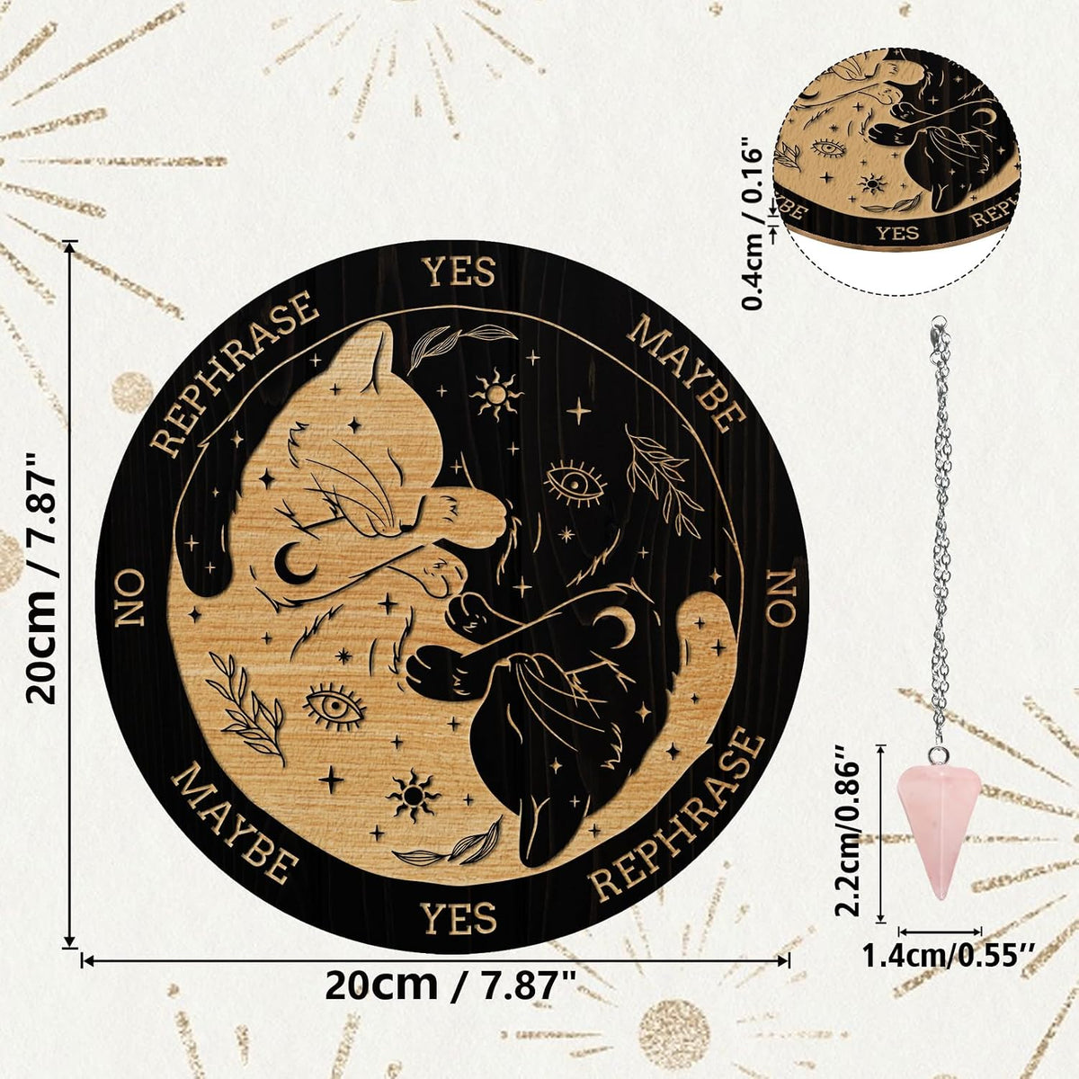 Cat, Sun & Moon Pendulum Board with Rose Quartz Pendulum