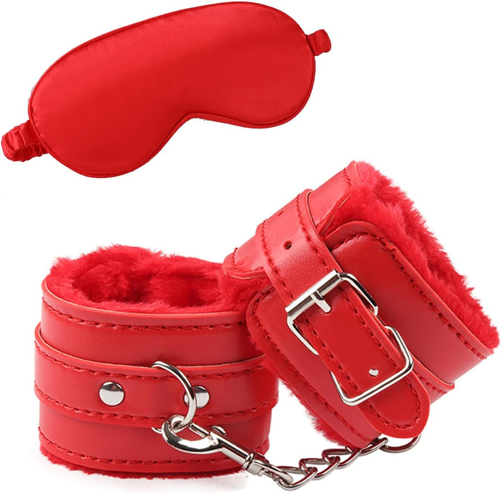 Red Fluffy Handcuffs with Satin Eye Mask