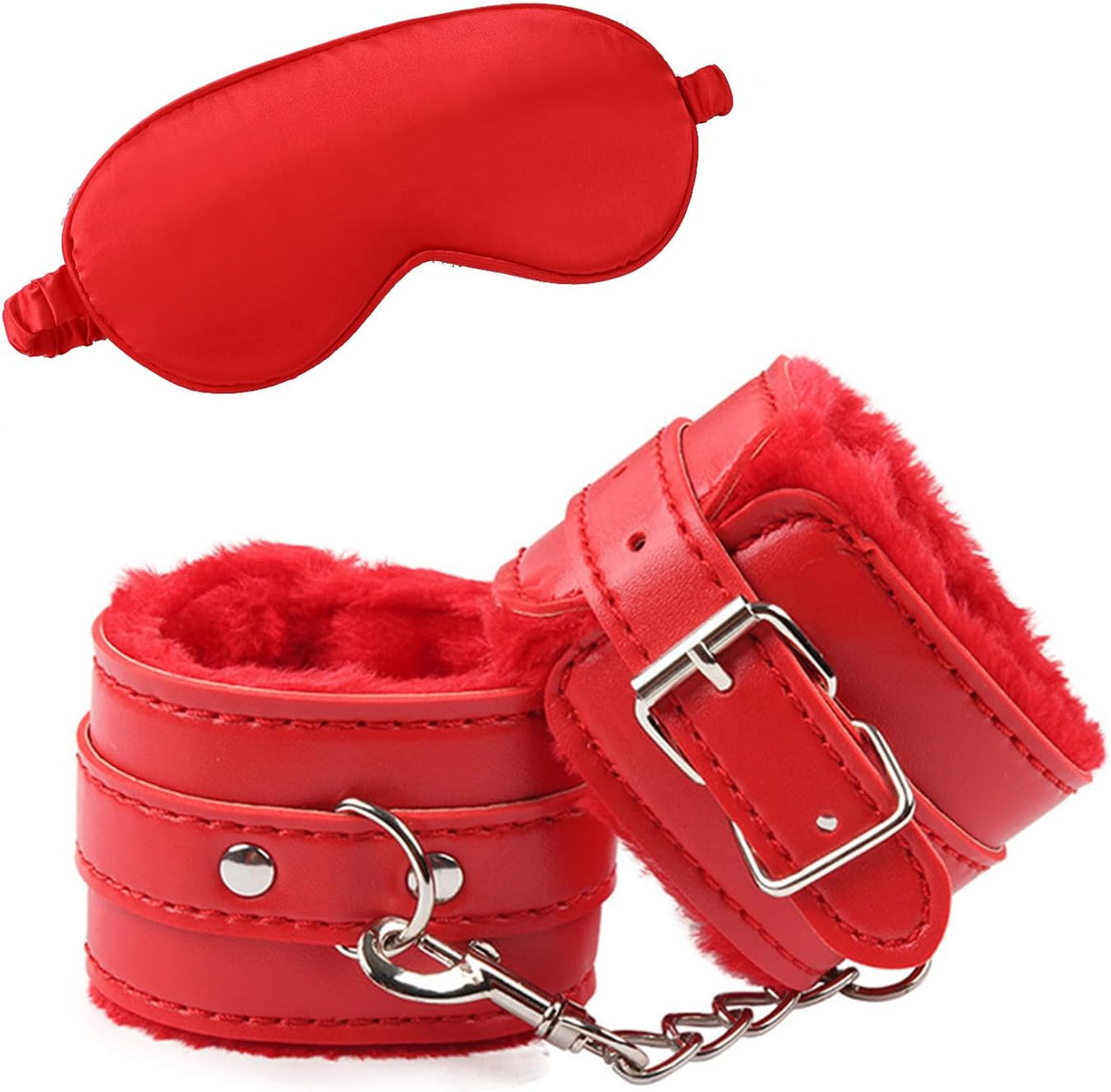 Red Fluffy Handcuffs with Satin Eye Mask