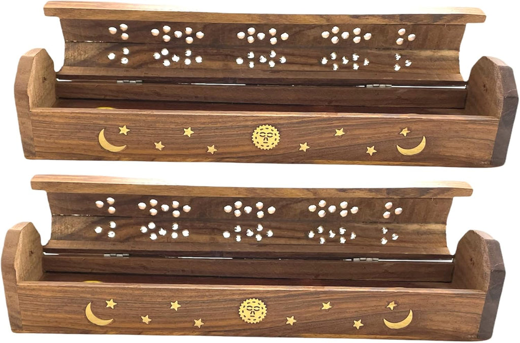 Wooden Coffin Incense Burner 2-Pack - Brass Inlay