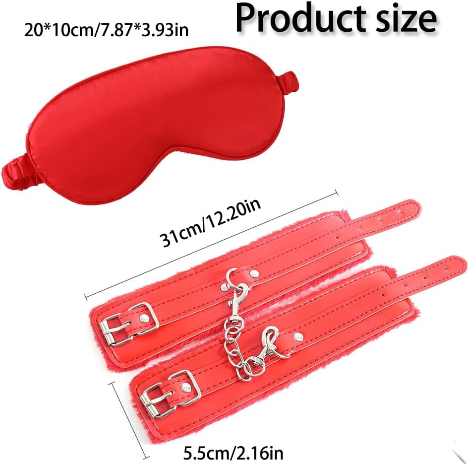 Red Fluffy Handcuffs with Satin Eye Mask