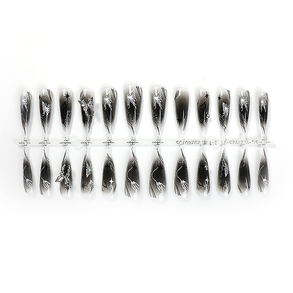 Black Almond Press-On Nails with 3D Butterfly Charms