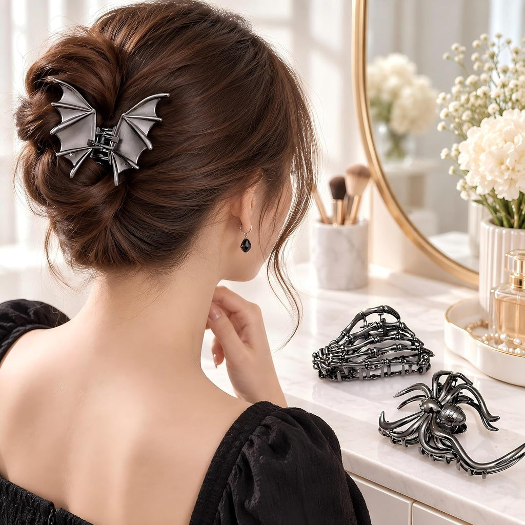 Gothic Metal Claw Clips - Bat, Spider & Skeleton Hand, 3 Pack