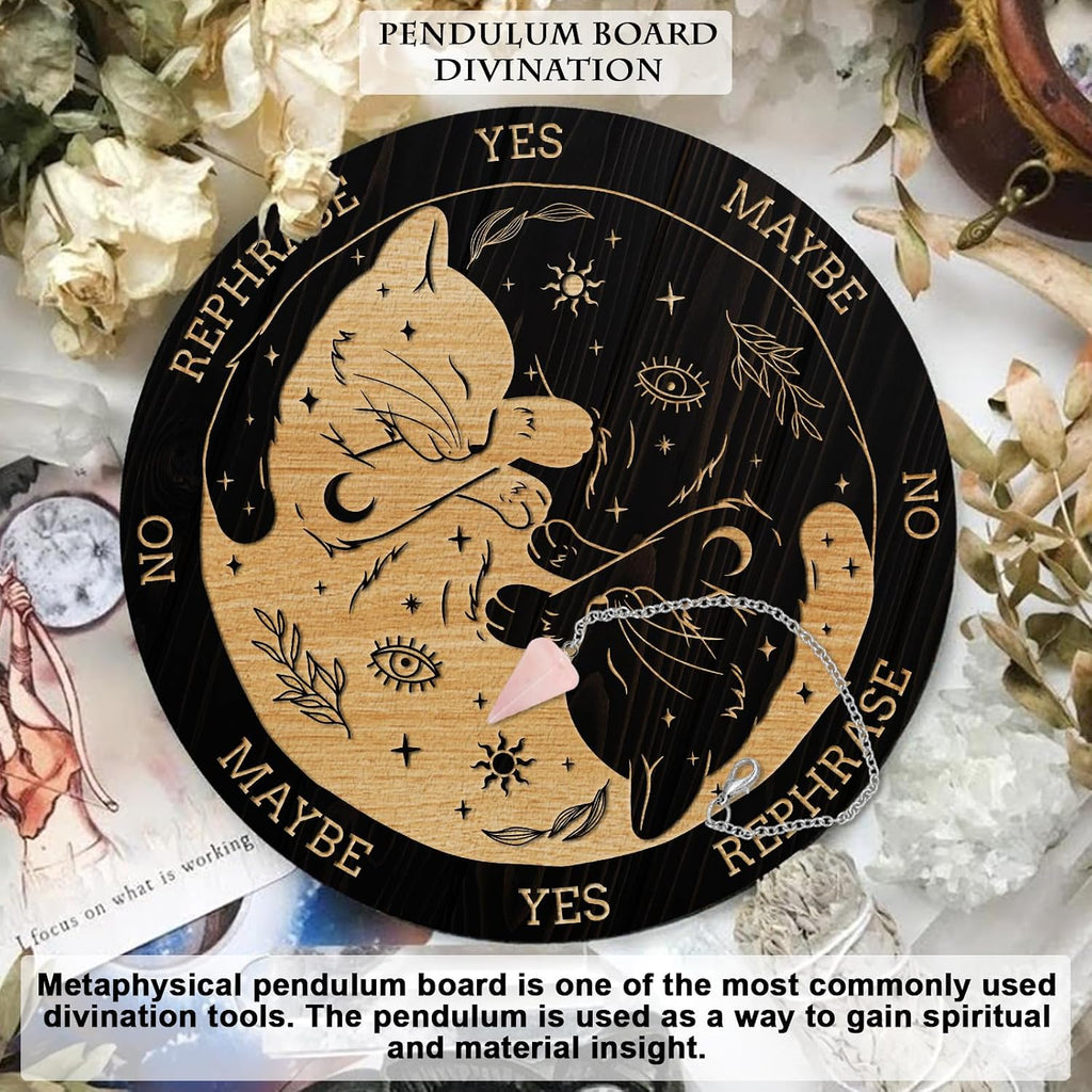 Cat, Sun & Moon Pendulum Board with Rose Quartz Pendulum