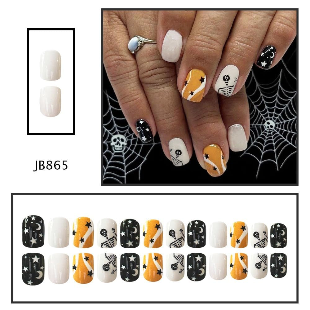 Skull and Stars Press-On Nails, Black and Orange