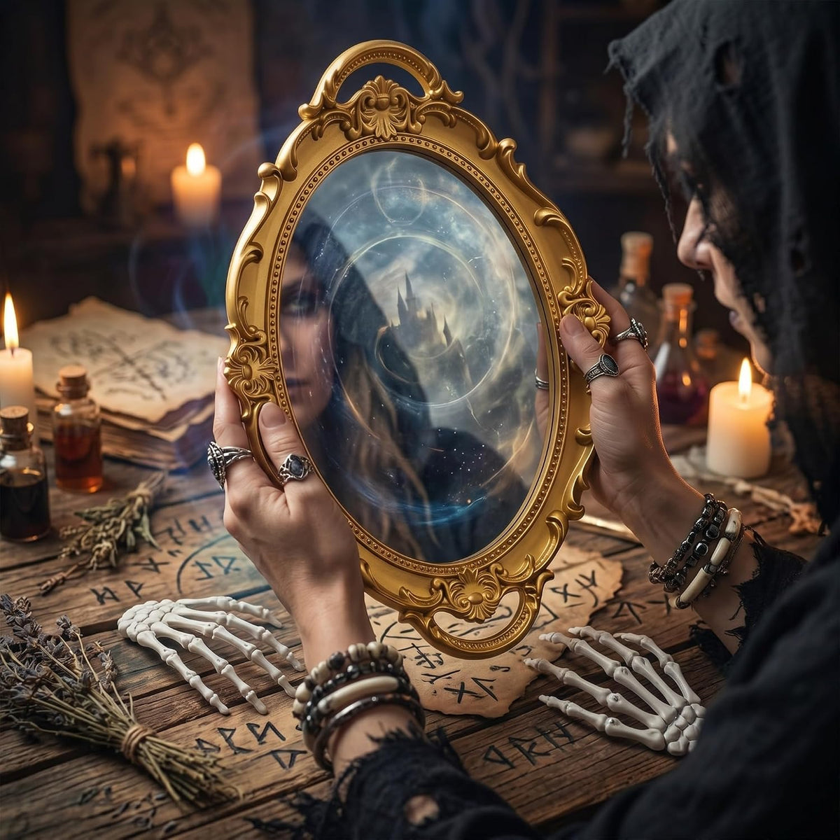 Skeleton Hand Gothic Oval Mirror