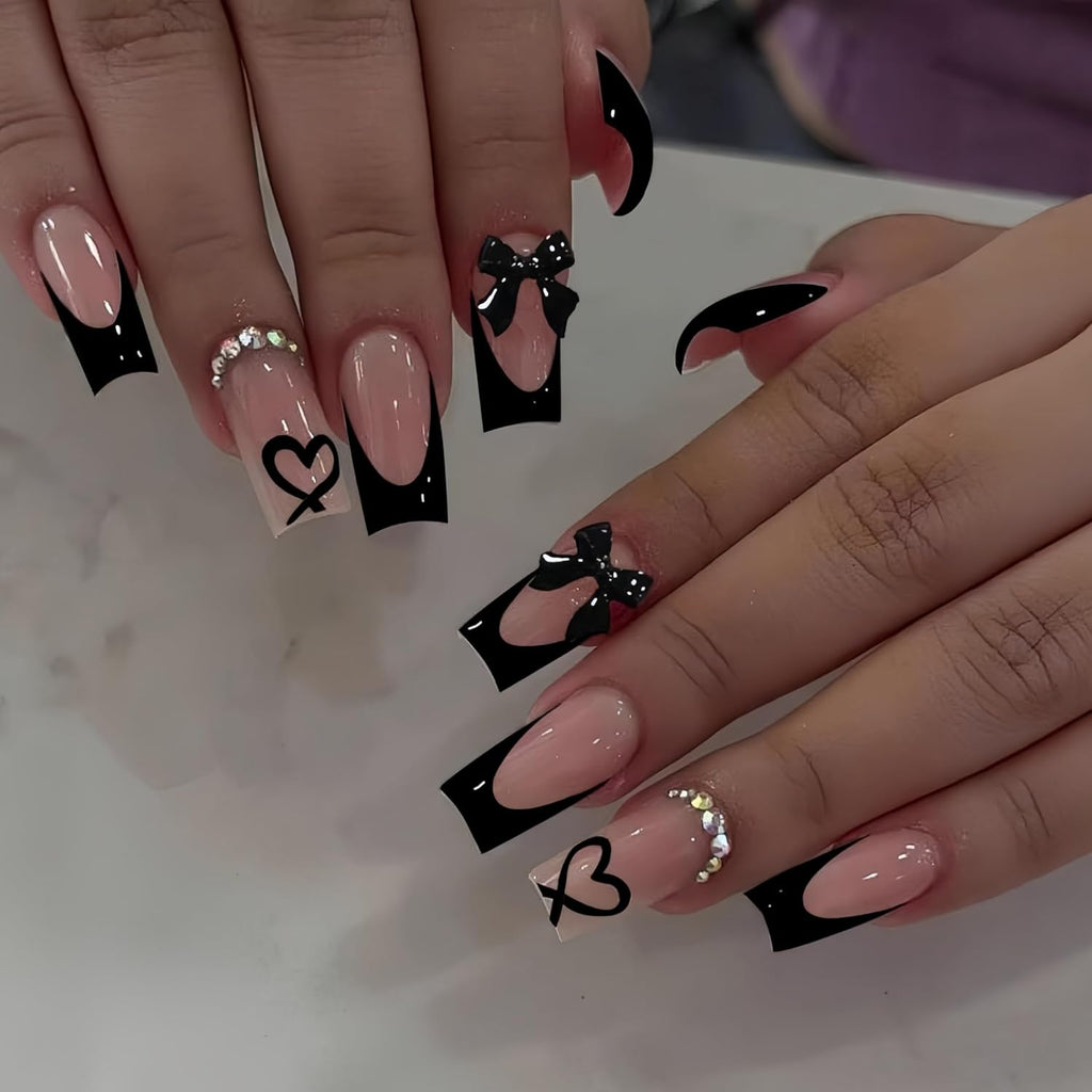 Black French Tip Press-On Nails with Heart and Bow Charms