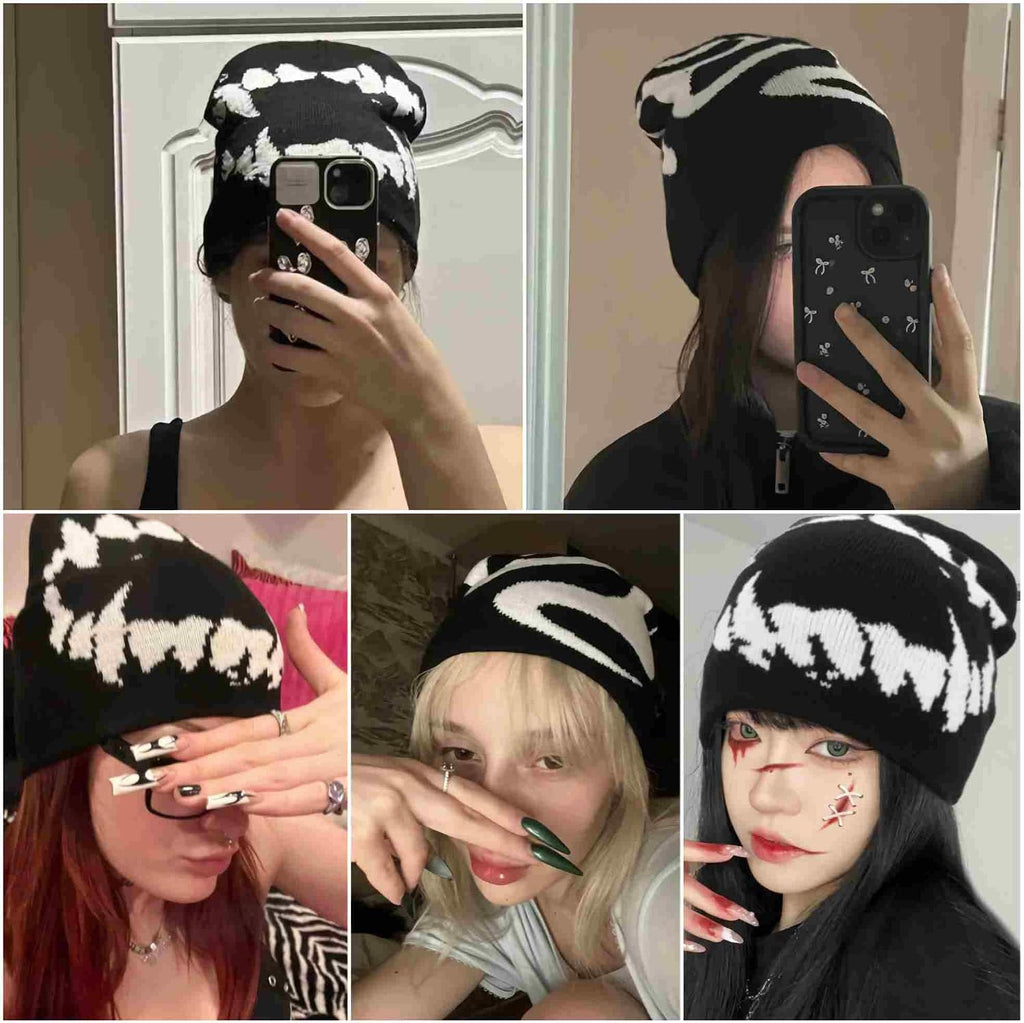 Skull Slouchy Beanie - Black Knit, 2 Pack