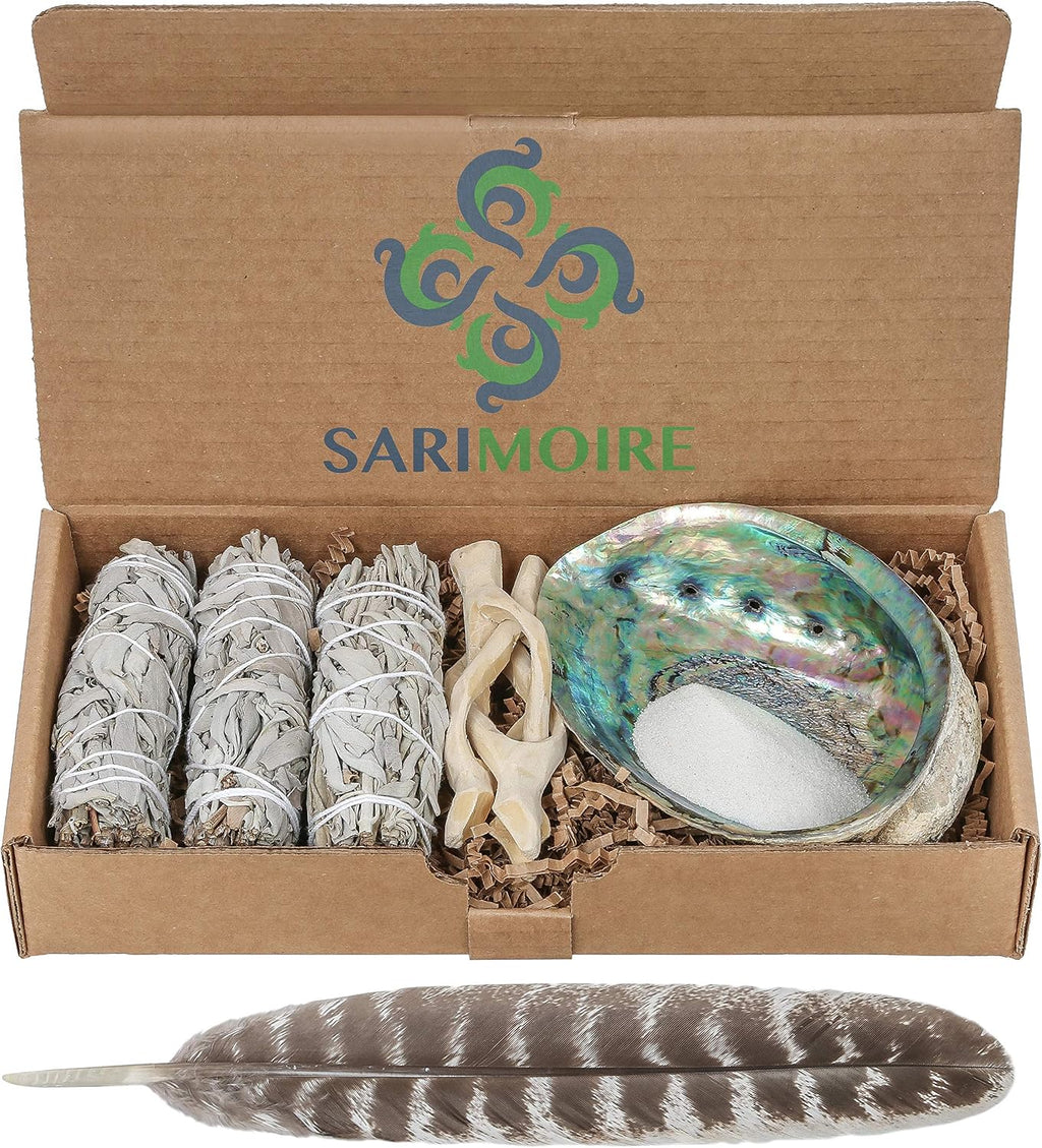 White Sage Smudge Kit with Abalone Shell, Stand and Feather
