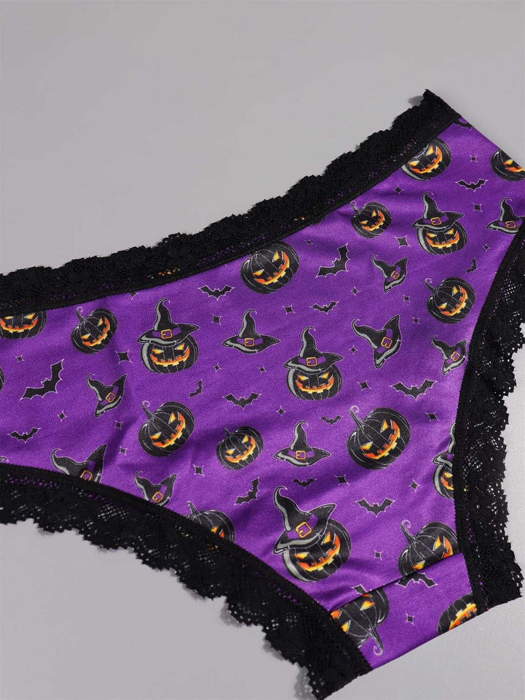Gothic Halloween Underwear Set, 4-Pack Women'S Lace Briefs with Pumpkin & Moon Print, Black & Purple