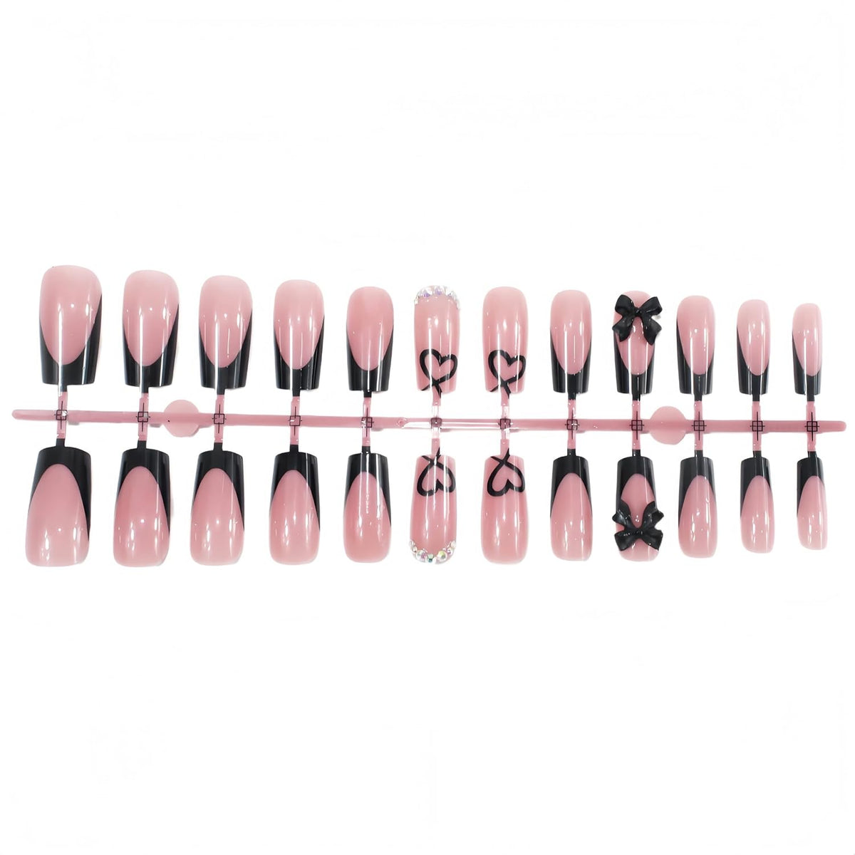 Black French Tip Press-On Nails with Heart and Bow Charms