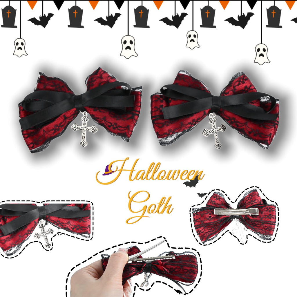 Gothic Black Lace and Red Bow Hair Clips with Cross, 2 Piece