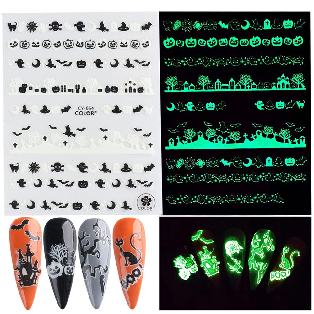 Luminous 3D Skull and Bat Nail Stickers, 6 Sheets