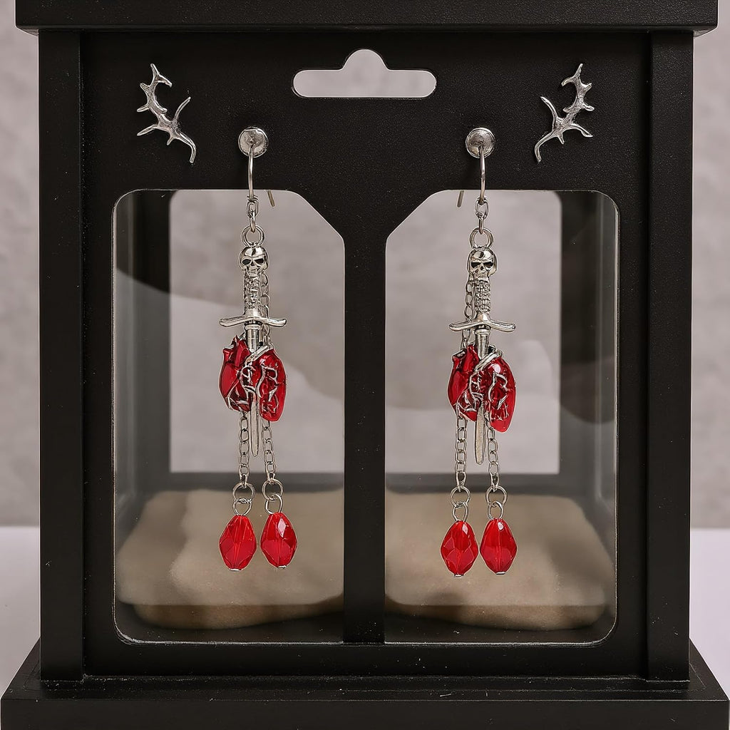 Flower Skull Dangle Earrings - Red