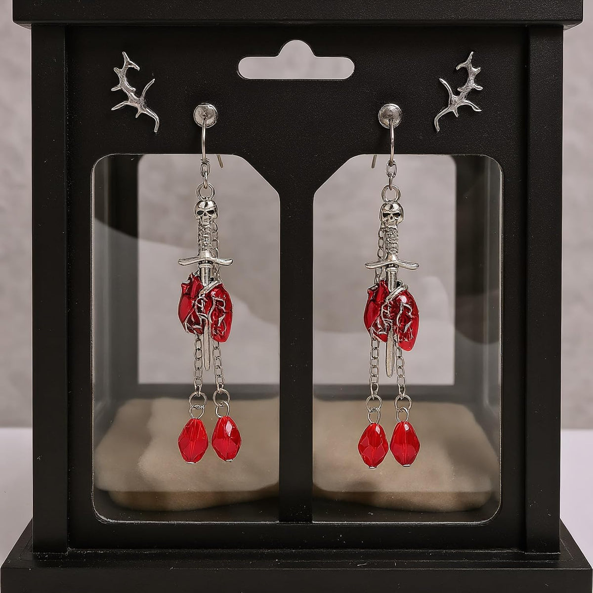 Flower Skull Dangle Earrings - Red